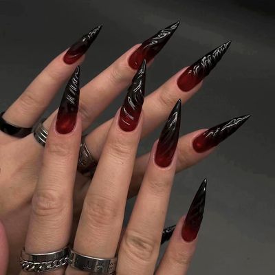 MISUD Press on Nails Long Stiletto Fake Nails Glossy Glue on Nails Goth Almond Acrylic Nails Gothic Red Black Ombre Artificial Nails 3D Swirl Stick on False Nails with Design 24pcs