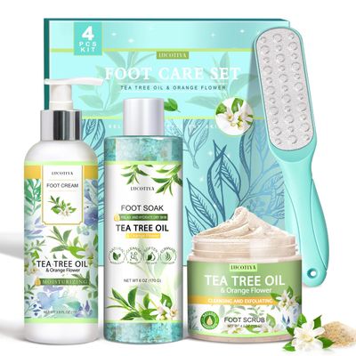 LUCOTIYA Tea Tree &amp; Orange Flower Foot Soak Set - Salts, Foot File, Scrub &amp; Urea Cream Pedicure Supplies for Dry, Cracked Feet - Foot Spa Pedicure Kit for Women Men
