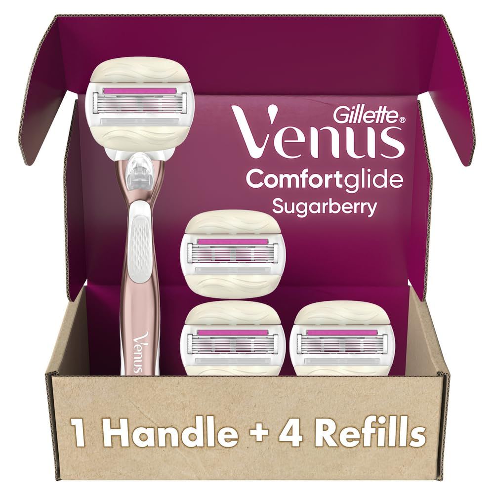 Gillette Venus Comfortglide plus Olay Sugarberry Womens Razor with Rose Gold Metal Handle 4 Blade Refills