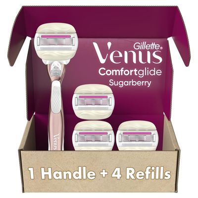 Gillette Venus Comfortglide plus Olay Sugarberry Womens Razor with Rose Gold Metal Handle 4 Blade Refills