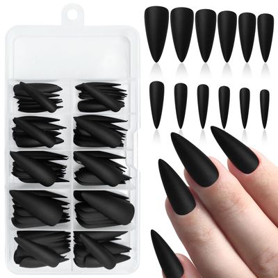 Bellelfin 120pcs Stiletto Press on Nails Long Full Cover Matte Black Fake Nails Acrylic Pure Colored False Nails for Women and Girls DIY Manicure 10 Sizes