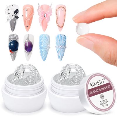 AIMEILI Hema Free Solid Builder Nail Gel 2pcs, Cruelty Free, Vegan, Clear Hard Gel for Nails 3D Sculpting Gels Non-Sticky Hand Carving Glue Extension
