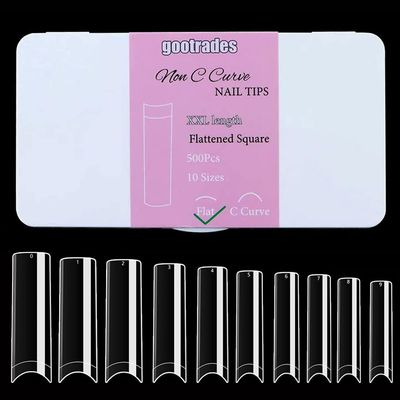 INENK Flattened No C Curve XXL Square Nail Tips, Clear Half Cover Tapered Square Straight Nail Tips Flat for Acrylic Nails Salons and DIY with a Box(10 Sizes 500PCS)