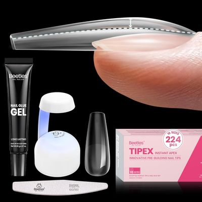 Beetles Tipex Instant Apex Nail Tips Kit, Coffin Long 224Pcs 16 Sizes Pre-Building &amp; Pre-Etched Thicker Acrylic Nails False Nail Extension with Tipex Nail Glue Mini Nail Lamp for Flat Nails