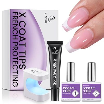 BTArtbox XCOATTIPS Builder Gel and Top Coat Set - 20g Solid Gel Glue with Portable Nail Lamp, No More French Tips Chipping, Long Lasting 30Days French Protection Duo Nail Extension Tool