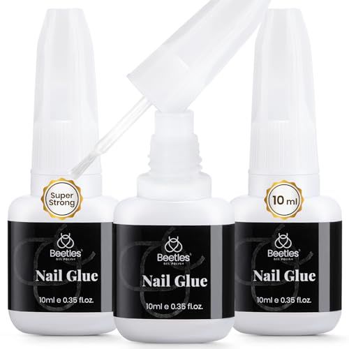 Beetles Super Strong Nail Glue for Press on Nails: 10ML 3Pcs Brush on Glue for Acrylic Nails, Nail Tips Quick Dry No Uv Light Needed