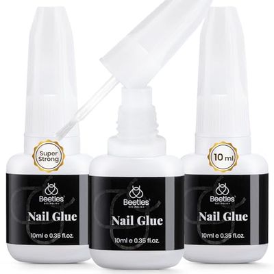 Beetles Super Strong Nail Glue for Press on Nails: 10ML 3Pcs Brush on Glue for Acrylic Nails, Nail Tips Quick Dry No Uv Light Needed