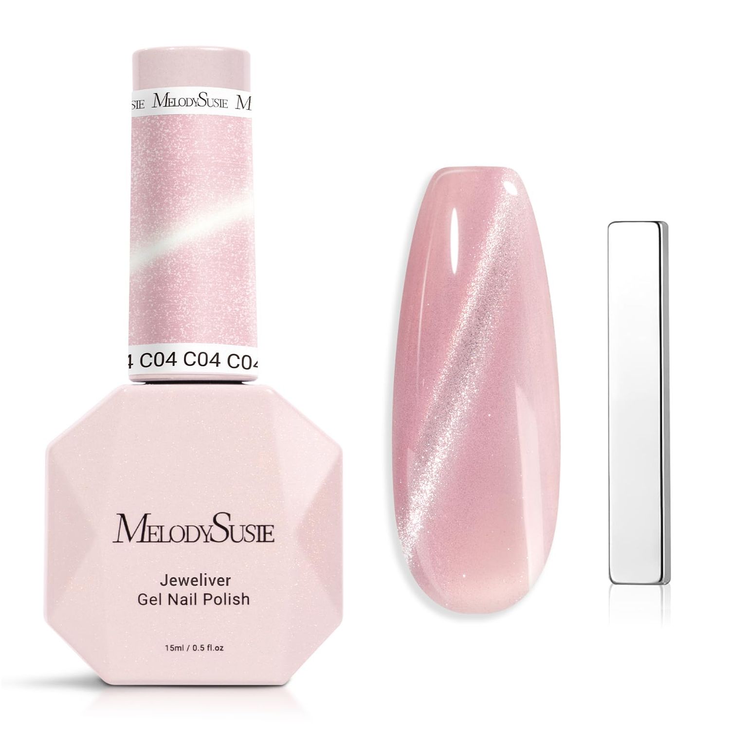MelodySusie Jeweliver Cat Eye Gel Nail Polish, 0.5 Fl Oz Pink Glitter Holographic Magnetic Nail Polish with Magnet, UV Nail Polish for Nail Art Manicure Salon DIY at Home C04