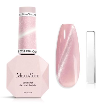 MelodySusie Jeweliver Cat Eye Gel Nail Polish, 0.5 Fl Oz Pink Glitter Holographic Magnetic Nail Polish with Magnet, UV Nail Polish for Nail Art Manicure Salon DIY at Home C04