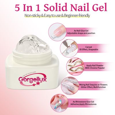 Gorgellux 5 IN 1 3D Nail Gel, Non-Stick Hand, 20g Clear Sculpting Gel for Carving, Molding and Painting Nail Art Designs, Rhinestone Glue for Gems Decoration, DIY Nail Art