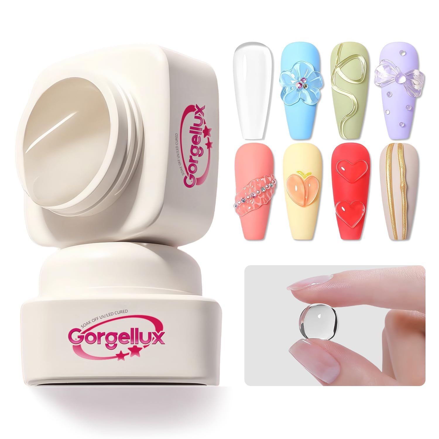 Gorgellux 5 IN 1 3D Nail Gel, Non-Stick Hand, 20g Clear Sculpting Gel for Carving, Molding and Painting Nail Art Designs, Rhinestone Glue for Gems Decoration, DIY Nail Art