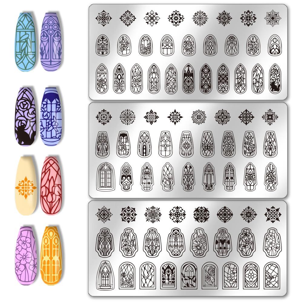 PH PandaHall 3pcs Glass Window Nail Art Templates, 79 Patterns Flower Window Mini Flower Nail Stamping Plate Nail Art Stencils Stainless Steel Plates for Nail Design Print Manicure Salon