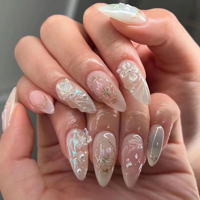 LPOODDNU 3D Handmade Press on Nails with Charms Medium Almond Fake Nails Cute French Nails Press ons Butterfly Flower Bow Stick on Nails Almond Shape Acrylic Nails Pearl Nails for Women Daily Wear