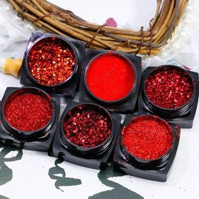 Nail Art Glitter Sequins New 2021 6 Boxes Red Crystal Diamond Nail Powder 3D Holographic Nail Art Powder Shiny Flakes Shine Shine Pigment Manicure Decorations for Nail Tips