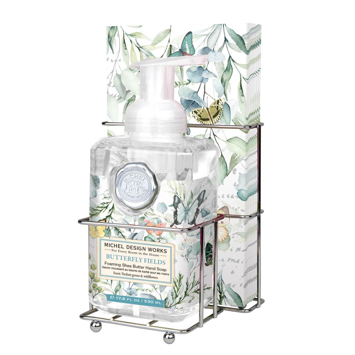 Michel Design Works Foaming Hand Soap &amp; 15-Piece Napkin Set. Butterfly Fields, Beautiful Square Container with Pump