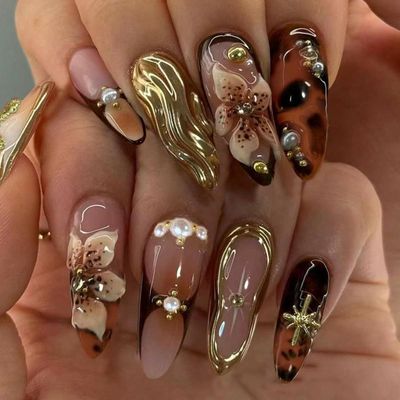 3D Handmade Press on Nails Brown Almond Fake Nails with Stereoscopic Flower Cross Designs Medium Length French Glue on Nails Glossy False Nails Reusable Stick on Nails for Women Girls Manicure 24Pcs