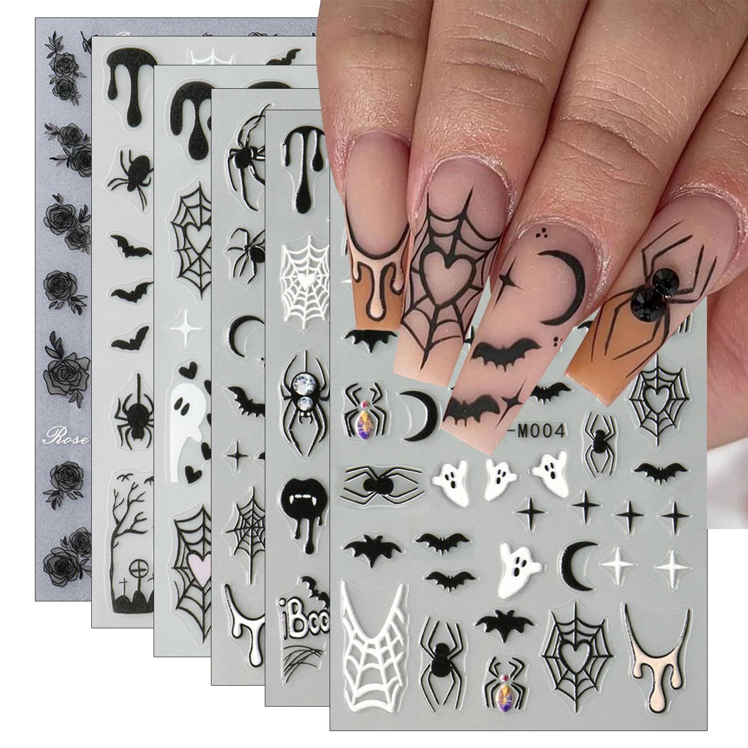 6Pcs Halloween Nail Stickers for Nail Art, Bat Spiders Nail Art Stickers Spider Web Black Rose Skull Ghost Nails Design Decals Halloween Nail Supplies for Women DIY Manicure Decoration Accessories