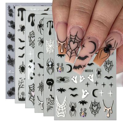6Pcs Halloween Nail Stickers for Nail Art, Bat Spiders Nail Art Stickers Spider Web Black Rose Skull Ghost Nails Design Decals Halloween Nail Supplies for Women DIY Manicure Decoration Accessories