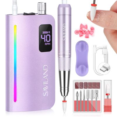 SAVILAND Advance Nail Drill Professional: 40000 RPM Powerful Torque Electric Nail File Low Vibration with Rainbow Light 15H Long Battery Life Coreless Motor Quiet for Quick Acrylic Removal PRO Salon