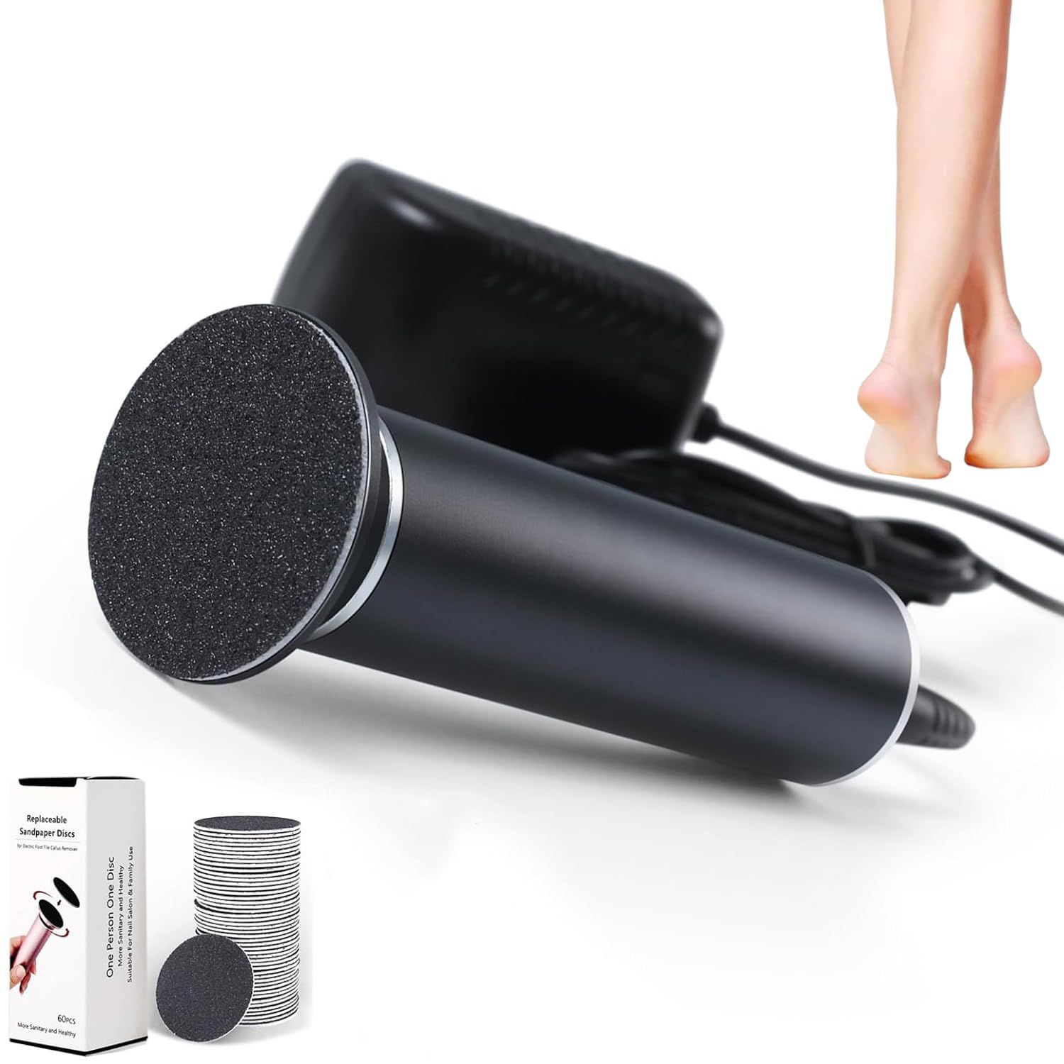 Electronic Foot File Grinder (Speed Adjustable) with 60pcs Replacement Sandpaper DiskElectric Foot Scrubber Dead Skin Removerfor Feet Hard Cracked Dry Dead Skin ExfoliationUnisexBlack