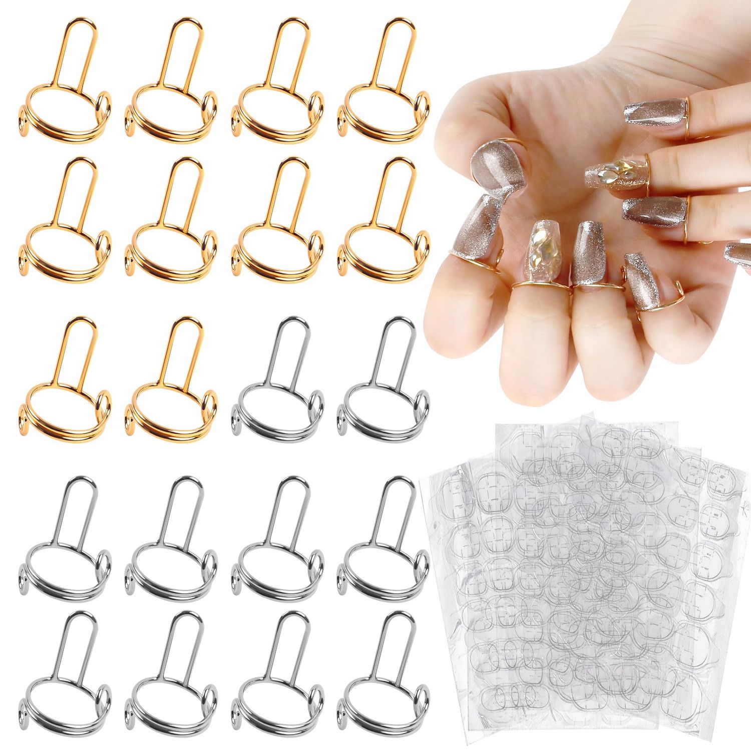 ASTONFOG 20Pcs Wudu Nail Rings with 120PCS Adhesive Nail Tabs No Glue Adjustable Wudu Fingernail Rings Set for Acrylic Nail, Non-Tarnish Metal Nails Rings for Women Nail Art Decoration