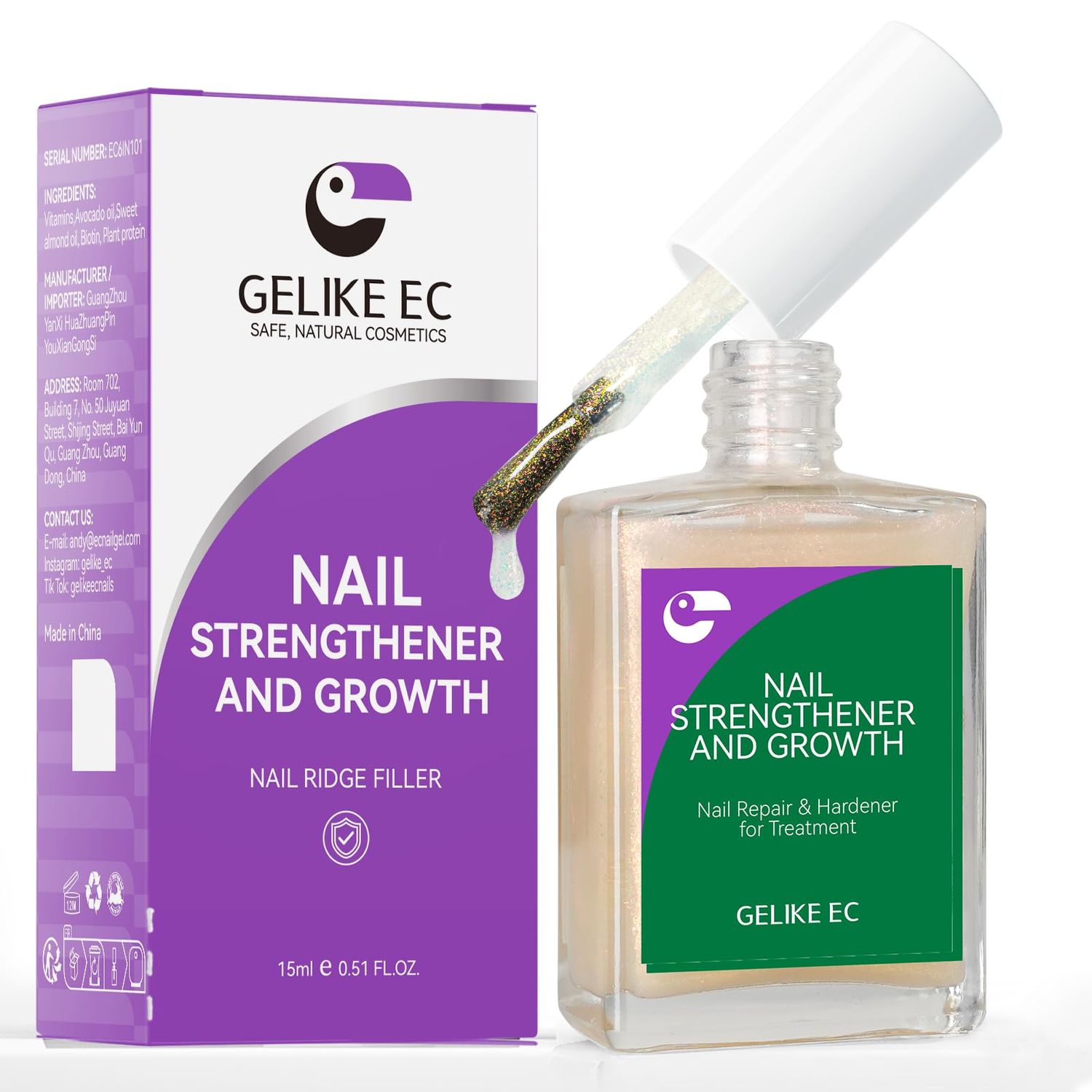 Women Nail Strengthener Protein for Daily: Glittering Pearl 15ml Gelike EC 6 in 1 Nail Treatment for Weak and Damaged Nails Everyday - Nail Polish Hardener for Home Salon Travel Spa Gift