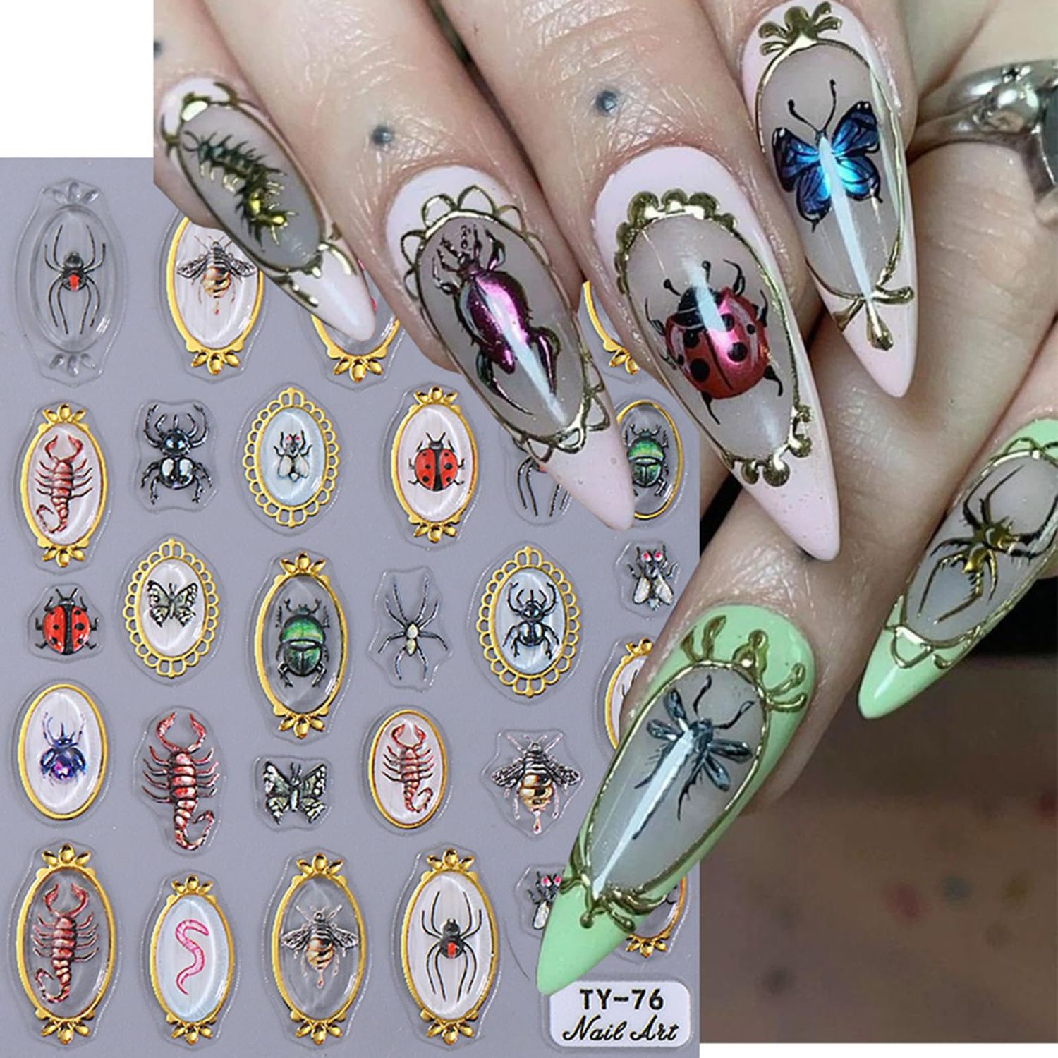 Spring Summer Nail Art Stickers 5D Embossed Insect Nail Decals Scorpion Spider Bee Golden Edge Design Nail Decal Self Adhesive Nail Art Supplies for Women DIY Manicure Nail Decorations