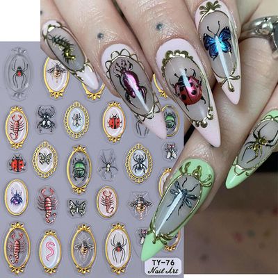 Spring Summer Nail Art Stickers 5D Embossed Insect Nail Decals Scorpion Spider Bee Golden Edge Design Nail Decal Self Adhesive Nail Art Supplies for Women DIY Manicure Nail Decorations