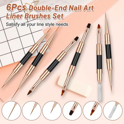 Double-Ended Acrylic Nail Art Liner Brushes, 6Pcs Gel Polish Nail Art Design Pen Painting Tools Set For Nails, Dotting Drawing Tool Polygel Brush for Long Lines, Thin Details, Fine Drawing (Black)