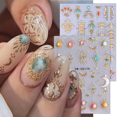 2 Sheets Embossed Star Nail Stickers for Nail Art Gold Stars Moon Sun Nail Decals Bohemian Style Nail Art Stickers 5D Self-Adhesive Bohemian Designs Nail Supplies for Women Girls DIY Manicure Decor