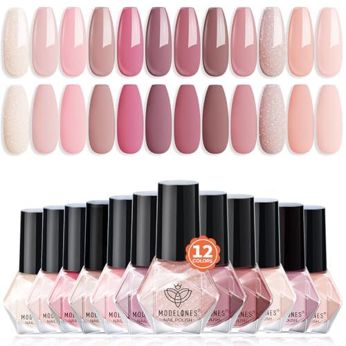 modelones Nail Polish Set 12 Colors Nude Pink Quick Dry Mini Nail Lacquer Kit, Neutral Shimmer White Glitter Finger Toe Nail Polish Bulk Manicure DIY Nail Art Salon Travel Home Gift for Women Girls