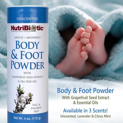 NutriBiotic - Body &amp; Foot Powder, Unscented, 4 Oz | with Grapefruit Seed Extract &amp; Tea Tree Oil | Vegan &amp; Non-GMO | Talc, Paraben &amp; Gluten Free | Gentle &amp; Absorbent