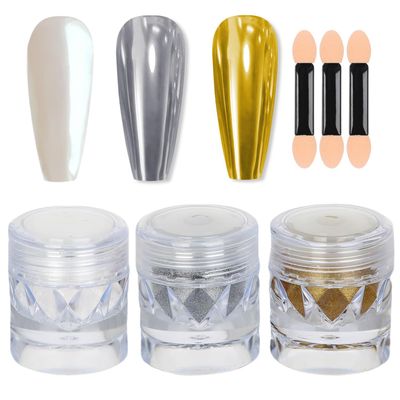 GZMAYUEN Pearl Chrome Nail Powder Gold Silver, White Pearl Iridescent Mermaid Glitter, Mirror Effect Metallic Gel Chrome DIY Nails Art Salon-3 Jar
