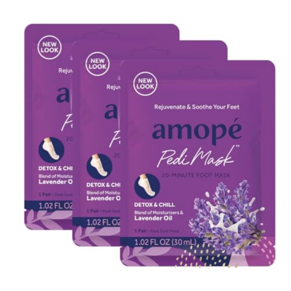 Amop PediMask 20-Minute Foot Mask, Intensely Moisturizing Socks, Rejuvenates &amp; Soothes, Self-Care, w/ Lavender Oil, Urea, a Blend of Moisturizers &amp; Vitamin Complex for Long Lasting Hydration, 3 pair