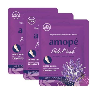 Amop PediMask 20-Minute Foot Mask, Intensely Moisturizing Socks, Rejuvenates &amp; Soothes, Self-Care, w/ Lavender Oil, Urea, a Blend of Moisturizers &amp; Vitamin Complex for Long Lasting Hydration, 3 pair