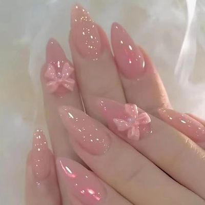 Hkanlre Pink Press on Nails Medium Bow Fake Nails Tips Full Cover Almond False Cute Nails for Women and Girls 24PCS