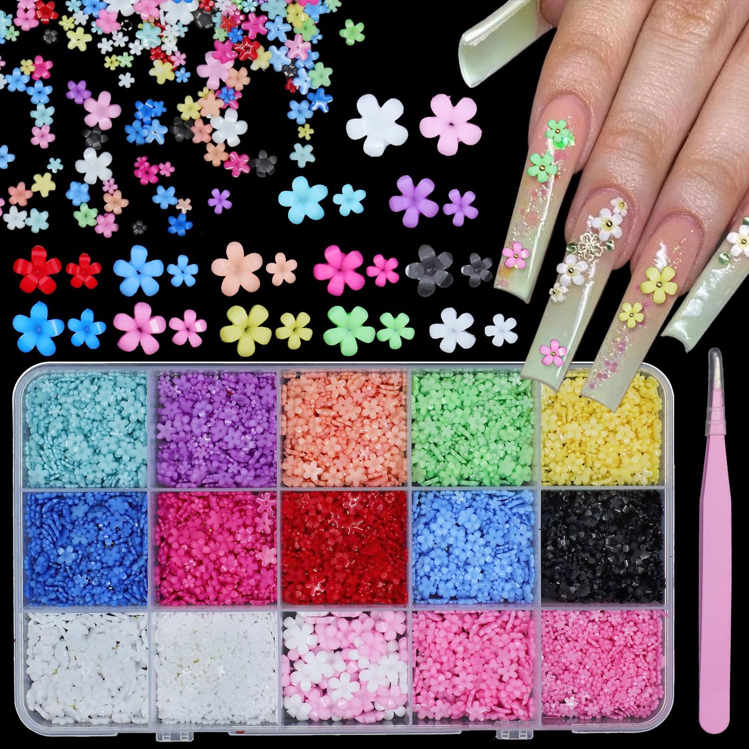 Uotey 3D Color Tiny Flowers Charms for Nails, Acrylic Spring Blossom Tiny Flower Nail Art Charms with Metal Golden Caviar Beads for Nail Art DIY Manicure Jewel Accessories