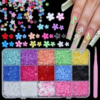 Uotey 3D Color Tiny Flowers Charms for Nails, Acrylic Spring Blossom Tiny Flower Nail Art Charms with Metal Golden Caviar Beads for Nail Art DIY Manicure Jewel Accessories