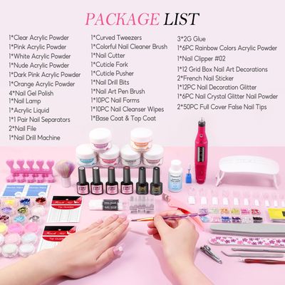 Acrylic Nail Kit for Beginners with Drill and U V Light 6 Colors Acrylic Powder Clear Nude Pink 4PC Gel Polish 24PC Glitter Powders Rhinstones Nails Kit Acrylic Set for Women