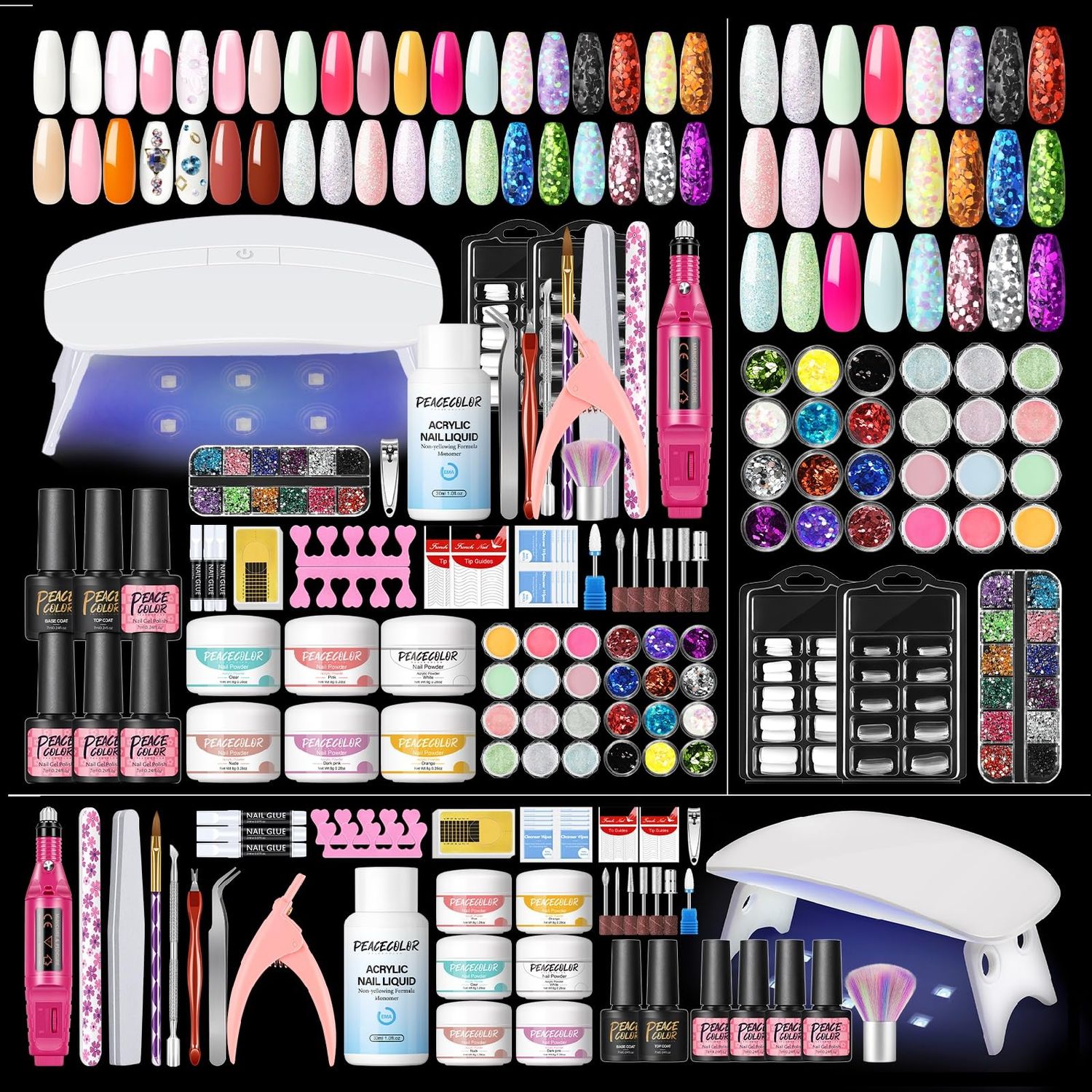 Acrylic Nail Kit for Beginners with Drill and U V Light 6 Colors Acrylic Powder Clear Nude Pink 4PC Gel Polish 24PC Glitter Powders Rhinstones Nails Kit Acrylic Set for Women