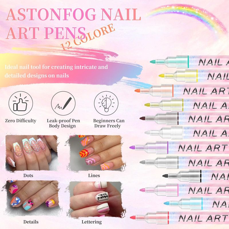 ASTONFOG 12PCS Nail Art Pens Set,3D Nail Polish Pens Quick Dry for Nail Art Macaron Color Nail Art Drawing Special Nails Art Design Manicure Nail Pens for Home &amp; Salon DIY (0.7)