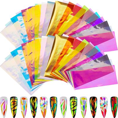 100 Pieces Iridescent Nail Art Glass Paper Cellophane Holographic DIY Mixed Colors Broken Glass Paper reflective Mirror Foils Nail Art Stickers Dichroic Film Designs