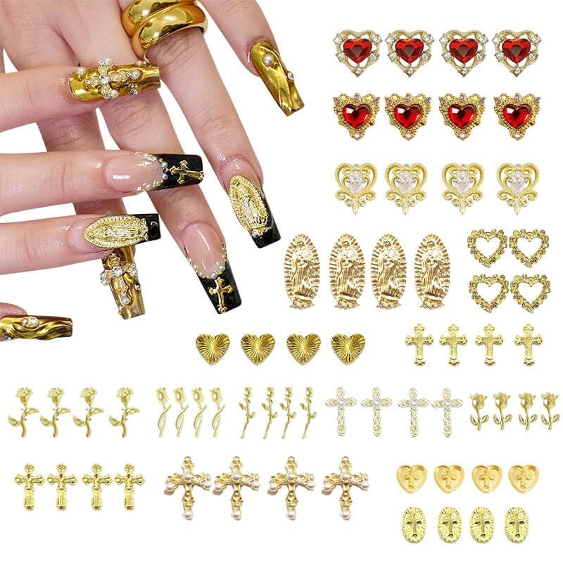 64pcs Gold Nail Charms Set with Gold Cross, Hearts, Rose, and Virgin Mary - Y2K 3D Chrome Nail Decorations