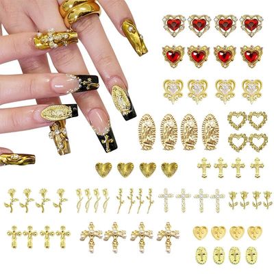 64pcs Gold Nail Charms Set with Gold Cross, Hearts, Rose, and Virgin Mary - Y2K 3D Chrome Nail Decorations