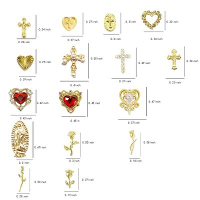 64pcs Gold Nail Charms Set with Gold Cross, Hearts, Rose, and Virgin Mary - Y2K 3D Chrome Nail Decorations