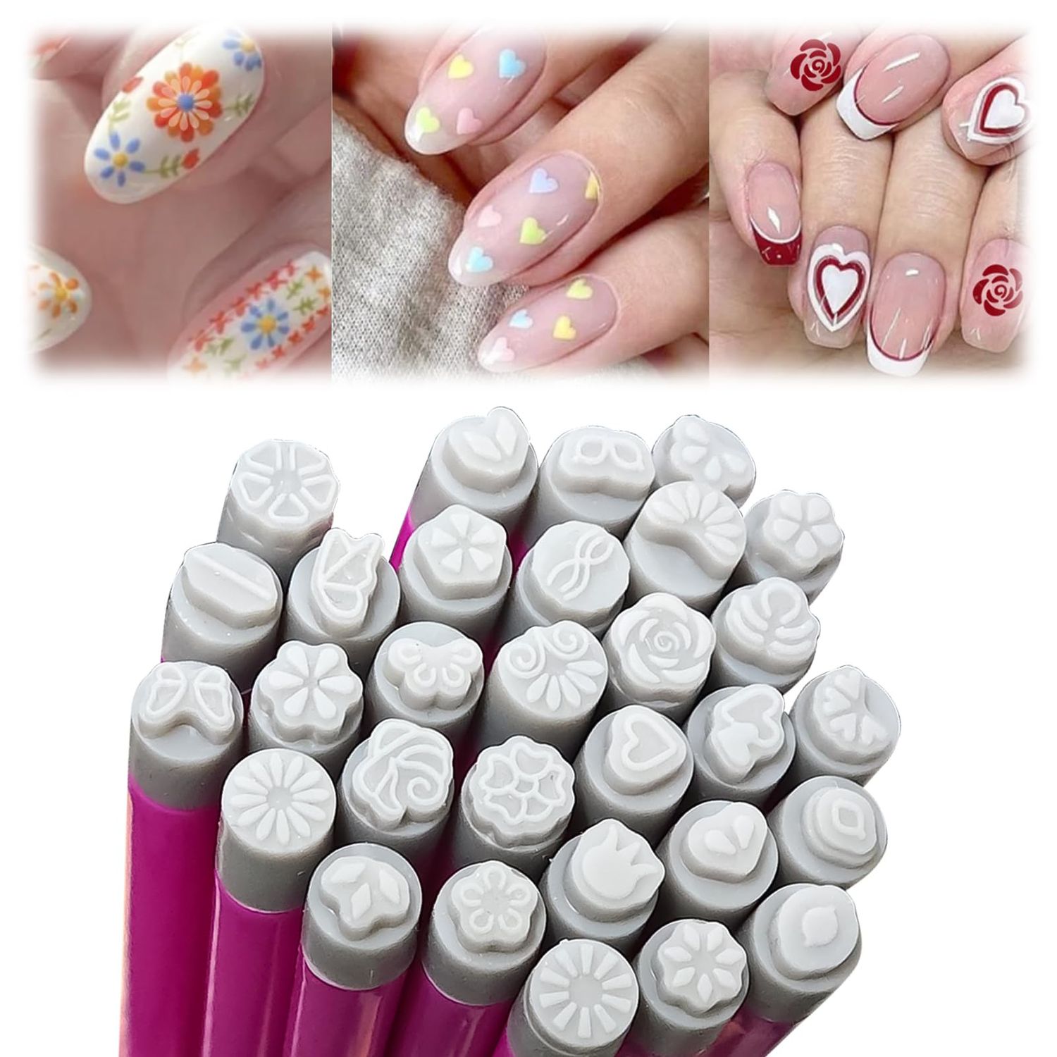 ESUOHYM 30PCS Nail Art Stamp Pen Set Nail Flower Butterfly Design Stamping Pens 3s Quick Nail Design Tools with Different Patterns, For Beginner DIY Salon Manicure