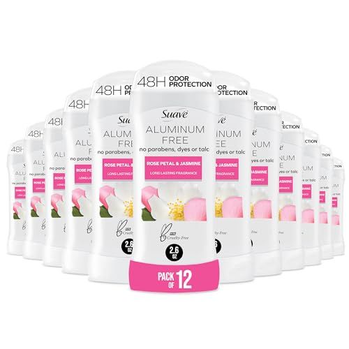 Suave Aluminum Free Deodorant for Women, Rose Petal and Jasmine, 48-Hour Odor Protection, Free of Talc, Parabens &amp; Dyes 2.6 oz (Pack of 12)
