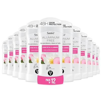 Suave Aluminum Free Deodorant for Women, Rose Petal and Jasmine, 48-Hour Odor Protection, Free of Talc, Parabens &amp; Dyes 2.6 oz (Pack of 12)