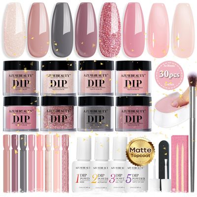 AZUREBEAUTY 30Pcs Dip Powder Nail Kit Starter with Nail Sticks, Translucent Jelly Nude Pink Gary 8 Colors Dipping Liquid Set Added Matte Top Coat Recycling Tray for Manicure Salon DIY Home