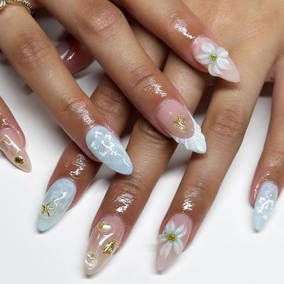 3D Sea Waves Press on Nails French Tips Acrylic Medium Almond Fake Nail 24Pcs Glossy Blue Gradient False Nails Flower Stick on Fingernails Beach Gel Glue on Nail for Coquette Women Girls